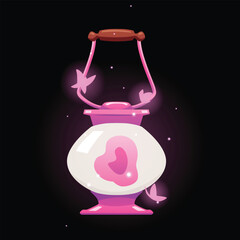 Naklejka premium Vintage magic lantern with sparkles and butterflies glowing on dark background, vector fairytale pink round wizard lamp