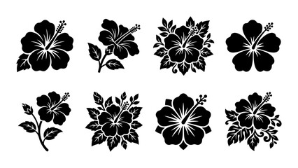 Tropical hibiscus flower silhouettes, set of 8 black floral icons, exotic Hawaiian bloom vector illustrations for summer branding and logo design © Naima