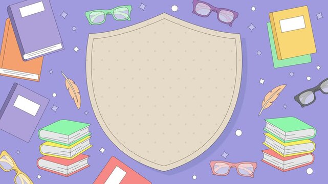 Academic shield background with books and glasses. 2D flat animation with library elements and quill feather around a crest frame.
