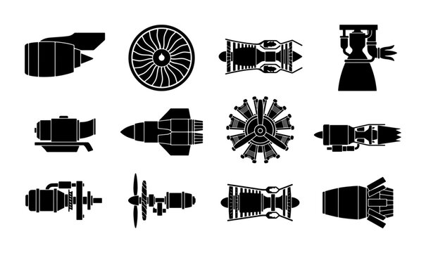 Aviation engine icons set, 12 black silhouette jet and rocket motor vectors, aerospace propulsion systems and aircraft turbine engineering symbols
