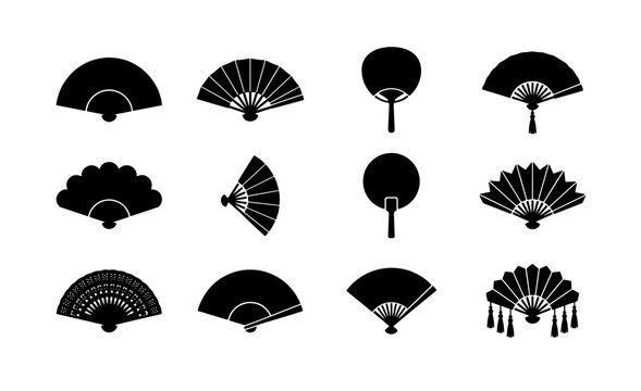 Traditional Asian folding fan icons, set of 12 black silhouette hand fan vectors, oriental decorative paper fans and uchiwa symbols for cultural design