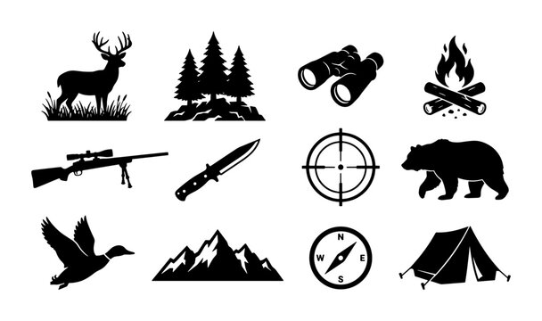 Vintage hunting and camping icons set, black silhouette outdoor adventure symbols, 12 nature wilderness vector elements for forest recreation