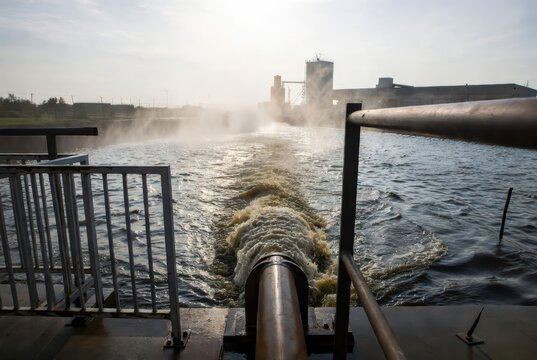 Industrial water discharge pipe creating foamy turbulent water flow and steam