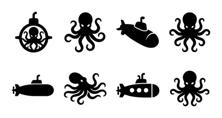 Nautical octopus and submarine silhouette icons, set of 8 black sea creature and underwater vessel vectors, minimalist kraken and sub symbols © Naima