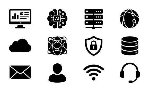 Artificial intelligence and technology icon set, 12 black solid vector symbols for data science, cloud computing and network security graphics