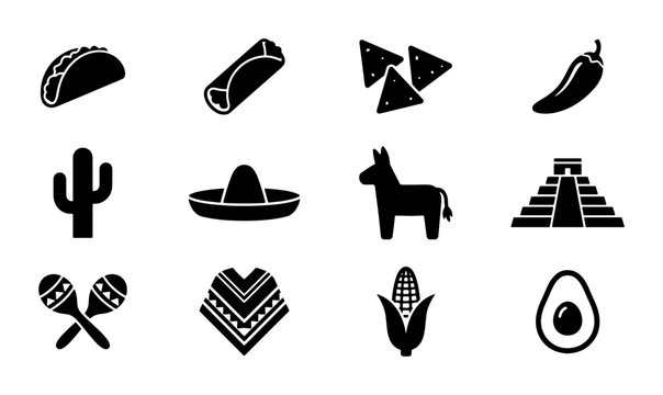 Mexican culture icons set, 12 black solid vector symbols of Mexico, traditional food and travel elements for fiesta celebration and restaurant menu