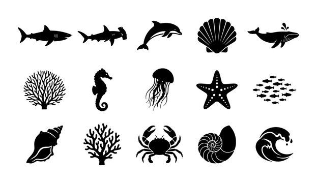 Marine life silhouette icons set, black sea animal vector collection, ocean wildlife symbols including shark dolphin whale and coral reef elements