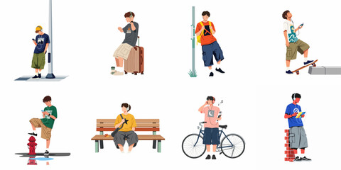 Fototapeta premium Collection of illustrations of teenage boys in casual outfits, listening to music, skateboarding, and using digital devices in various urban settings.