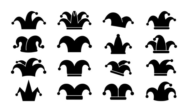 Jester hat silhouette icons set, medieval fool cap vector collection, black carnival joker headwear symbols for entertainment and circus branding