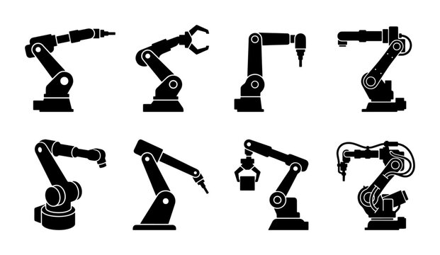 Industrial robotic arm icons set, black mechanical manipulator silhouettes for factory automation, 8 vector robot arm symbols for manufacturing