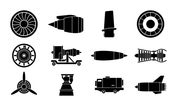 Jet engine icon set, 12 aircraft turbine and aerospace motor silhouettes, black aviation propulsion system symbols, industrial engineering vector graphics