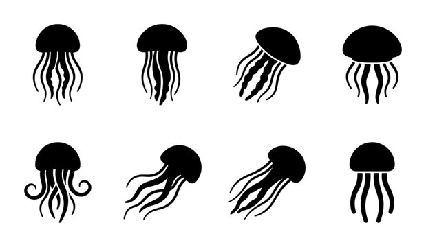 Minimalist jellyfish silhouette icons, set of 8 black sea creature vector illustrations, marine life medusa symbols for aquatic branding and logo design