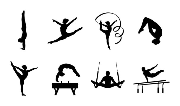 Gymnastics silhouette icons set, rhythmic and artistic gymnast figures in action, athletic sports vector collection for competition branding