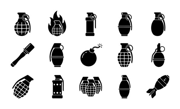 Military grenade icons set, black silhouette explosive weapon collection, 15 tactical hand bomb and smoke canister vector elements for gaming and war design