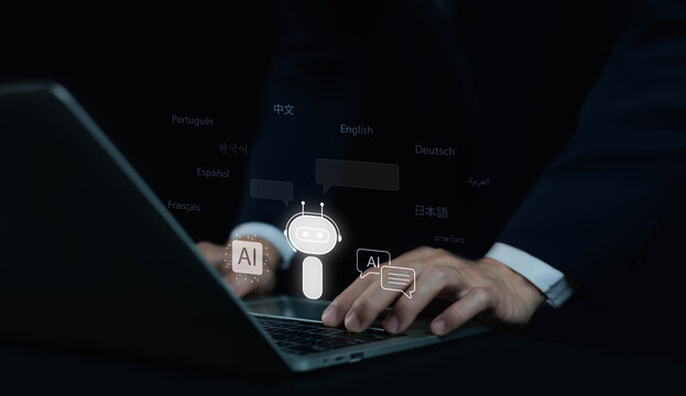 Multilingual text icons on a laptop. Artificial intelligence language translation concept, AI communication, foreign text service. online different translation, digital global language technology.