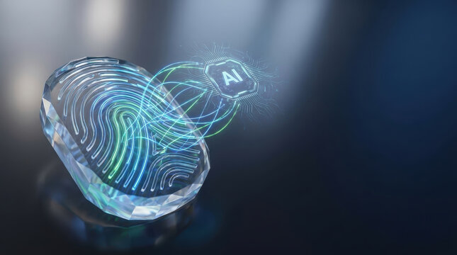 Ai ethics data privacy concept biometric security technology fingerprint heart hologram digital network encryption identity authentication cyber security protection trust safe abstract futuristic