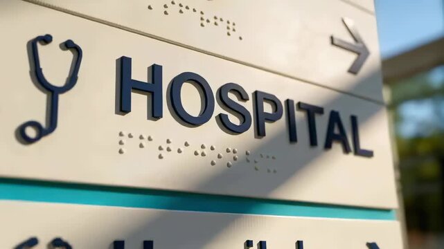 Moving camera zooming right on hospital sign at entrance, centering HOSPITAL, stethoscope, braille