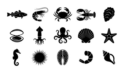 Seafood black silhouette icons set, 15 sea animal vector elements, minimalist marine food symbols for restaurant menus and fish market branding © Rabiul