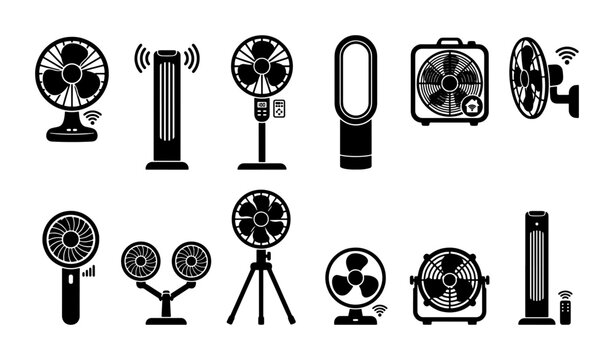 Electric fan icons set, cooling ventilation equipment collection, black silhouette air blower vector graphics for home and office climate control