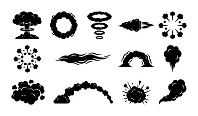 Comic smoke and explosion effects set, black silhouette blast and steam cloud icons, 13 vector motion elements for animation and graphic design © Rabiul