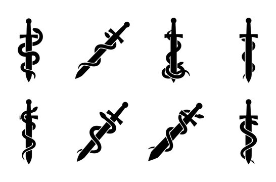 Medieval sword and snake icons set, black silhouette serpent wrapped around blade vector collection, 8 fantasy dagger and reptile logos