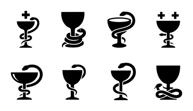 Medical pharmacy bowl of Hygieia icons, set of 8 black snake and chalice vector symbols, pharmaceutical caduceus and apothecary emblems for healthcare