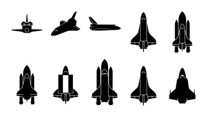 Space shuttle silhouette icons set, black spacecraft vector collection, 10 aerospace vehicle symbols for astronomy and science projects © Rabiul
