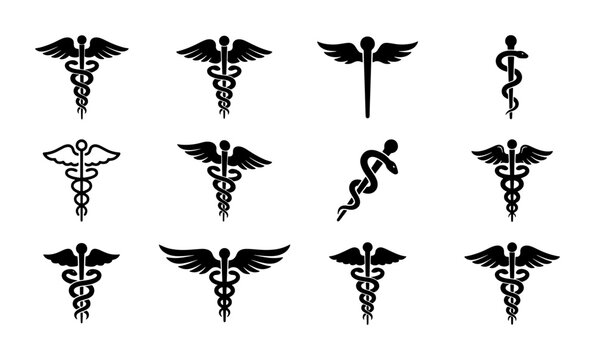 Medical caduceus symbol set, black snake and staff icons, 12 healthcare vector elements, pharmacy and medicine emblem collection for hospital branding