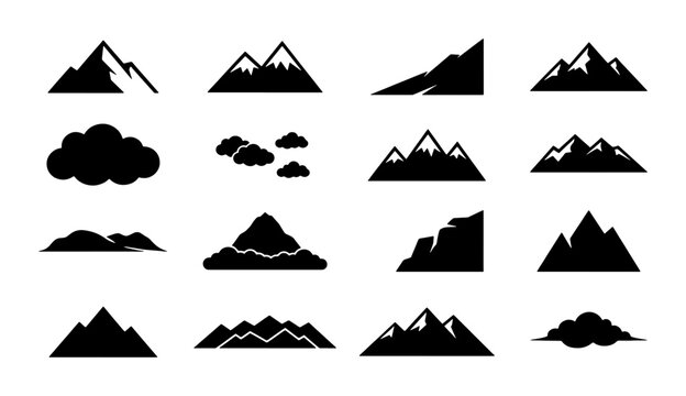 Minimalist mountain silhouette icons, black peak and cloud vector set, 16 outdoor nature symbols for travel branding and adventure logos