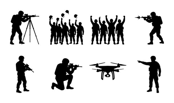 Military soldier silhouettes set, army infantry with weapons and tactical drone vector, combat troops in battle poses and victory celebration