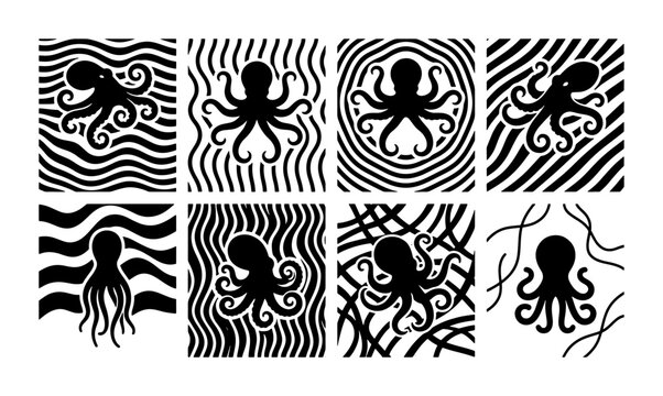 Vintage octopus woodcut illustrations, set of 8 black and white sea creature icons, nautical kraken silhouettes with wavy ocean patterns