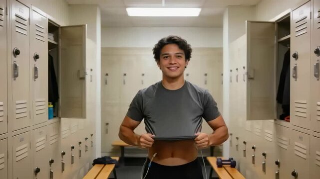 Lifting man in dark shorts gripping grey tee exposing electrode pads for monitoring in locker room