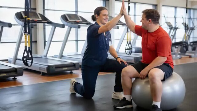 Kneeling trainer in scrubs giving high-five as client raising hand on ball at gym for balance