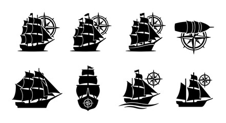 Vintage sailing ship silhouettes with nautical compass rose, set of 8 black maritime vessel icons, antique wooden boat vector illustrations for logos © Fatema