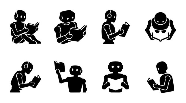 Artificial intelligence robot reading book icons, set of 8 black silhouette cyborg characters learning, machine learning and education concept vector