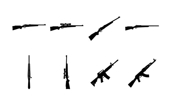 Rifle silhouette collection, 8 hunting and assault weapon icons, black firearm vector set, sniper and tactical gun graphics for military and sport