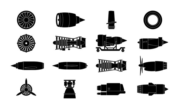 Jet engine silhouette set, 16 aircraft turbine and propeller icons, aerospace engineering vector elements, aviation propulsion system graphics