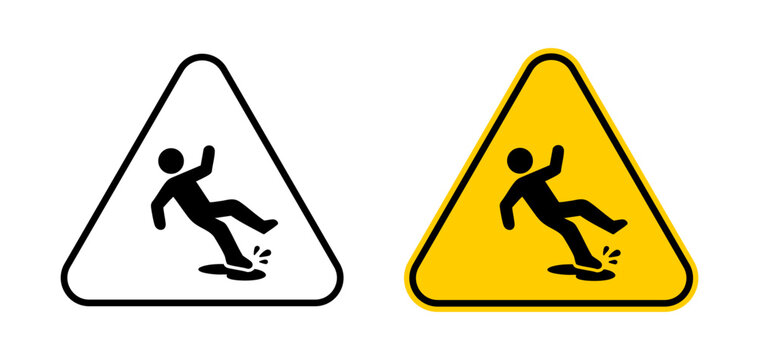 Slippery floor warning sign icon with falling person symbol. Wet floor hazard signage for workplace safety, accident prevention, caution area and risk awareness