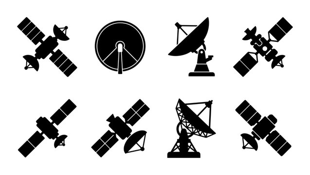 Satellite and parabolic antenna icon set, black silhouette space communication vectors, 8 telecommunication and broadcast technology elements