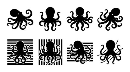 Black octopus silhouette icons set, 8 sea creature vector graphics, minimalist marine animal logos, nautical cephalopod symbols for branding © Habibur