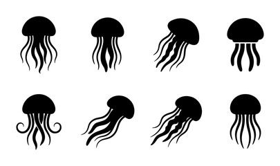 Minimalist jellyfish silhouette icons, set of 8 black sea creature vector illustrations, marine life medusa symbols for aquatic branding and logo design © Habibur