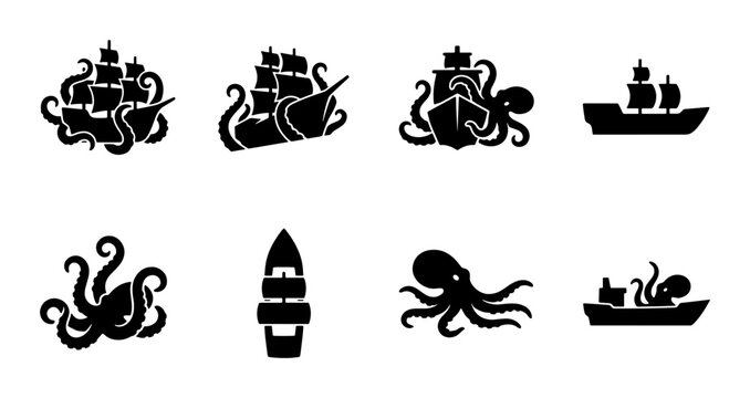 Kraken and pirate ship silhouette icons, giant octopus attacking sailing vessels, 8 nautical monster vector elements for maritime logos