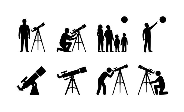 Astronomy silhouette icons set, people observing stars with telescopes, amateur astronomers and family stargazing vector collection