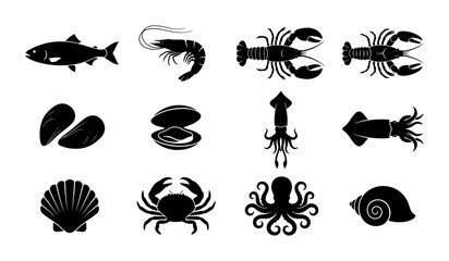 Seafood black silhouette icons set, 12 aquatic animal vector elements, marine life symbols for restaurant menus, fish and shellfish illustrations © Habibur