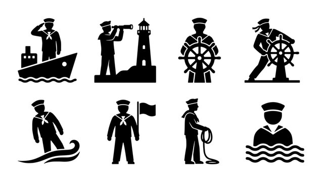 Nautical sailor icons set, black maritime seaman silhouettes, navy mariner character vector collection, 8 marine professional symbols for ocean navigation