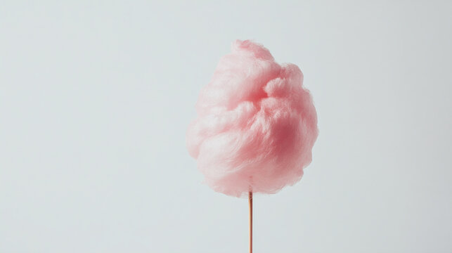 Sweet pink cotton candy on a thin wooden stick isolated on a clean neutral grey background