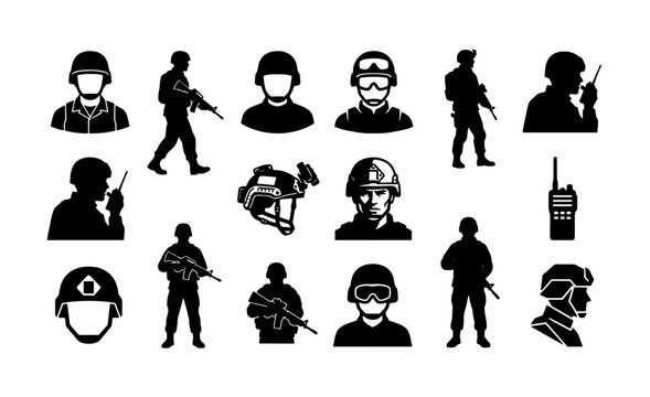 Military soldier silhouette icons set, tactical army infantry vector collection, black war combat personnel symbols for gaming and security apps