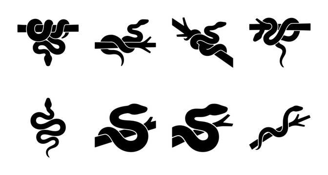 Black snake silhouette icons set, 8 reptile vector elements on tree branches, minimalist serpent wildlife symbols for logo design and nature branding