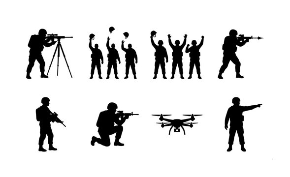 Military soldier silhouettes set, army infantry with weapons and tactical gear, combat troops and surveillance drone vector icons for war games