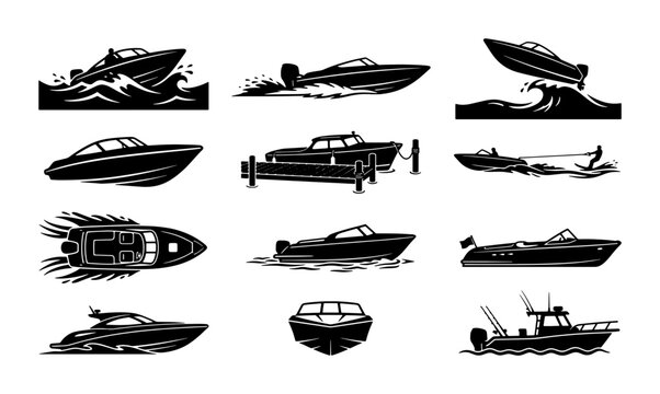 Speedboat silhouette vector collection, 12 motorboat icons on water, black nautical vessel set for marine logos and summer vacation graphics